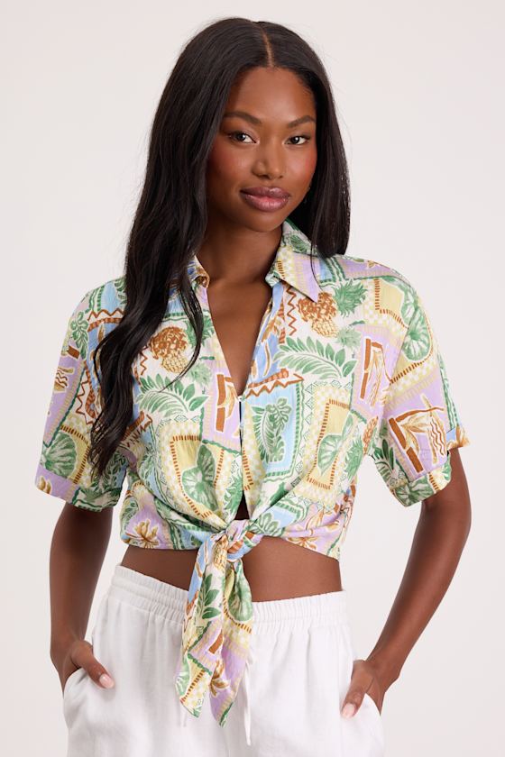 Kaliyah Multi Tropical Print Tie-Front Collared Top