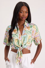 Kaliyah Multi Tropical Print Tie-Front Collared Top