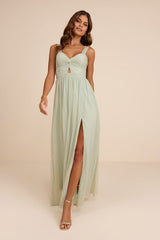Aria Sage Green Crinkle Twist-Front Maxi Dress