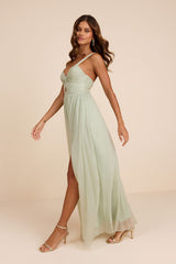Aria Sage Green Crinkle Twist-Front Maxi Dress