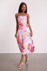 Angeles White Multi Floral Satin Cowl Back Midi Dress
