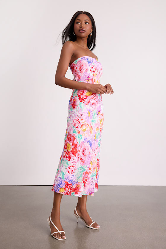 Angeles White Multi Floral Satin Cowl Back Midi Dress