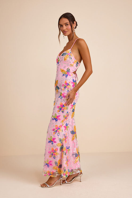 Zaylee Light Pink Sequin Lace-Up Mermaid Maxi Dress