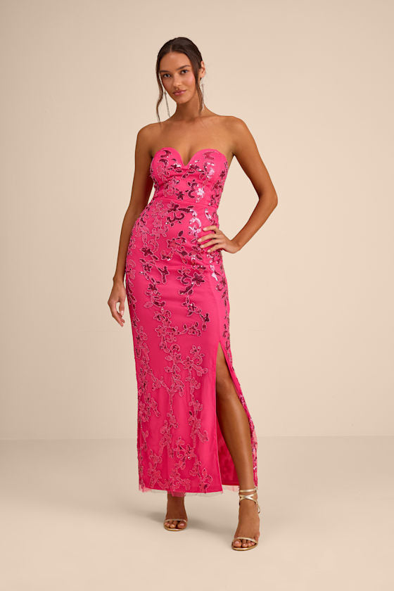 Vannetta Hot Pink Sequin Strapless Maxi Dress