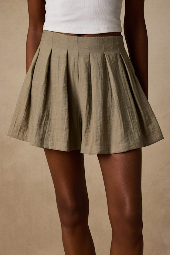 Madalina Olive Pleated High-Rise Shorts