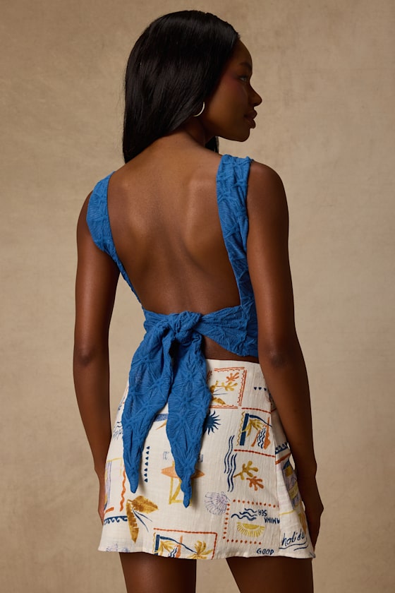 Marella Bright Blue Textured Tie-Back Tank Top
