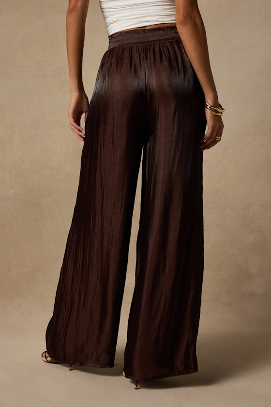 Cynthia Dark Brown Satin Wide-Leg Pants