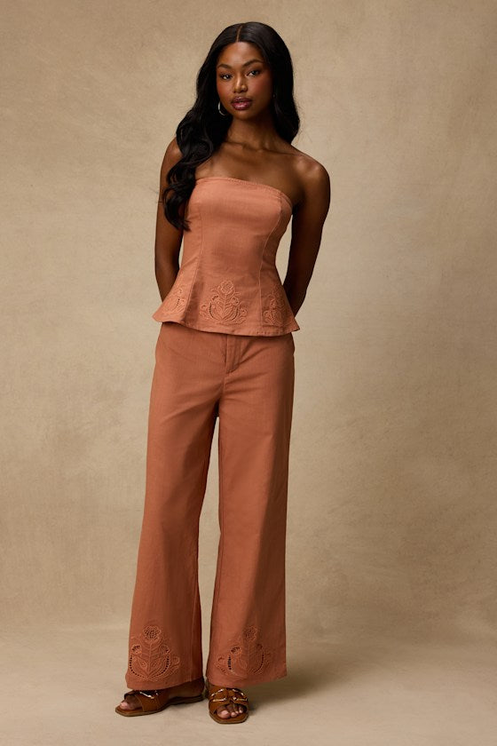 Tristen Terracotta Embroidered Strapless Top