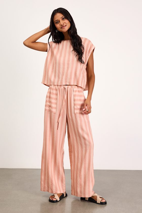 Dresa Light Pink Striped Cotton Wide-Leg Pants