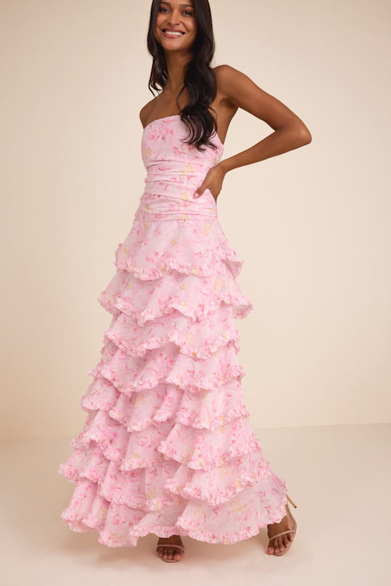 Maleta Light Pink Floral Tiered Maxi Dress