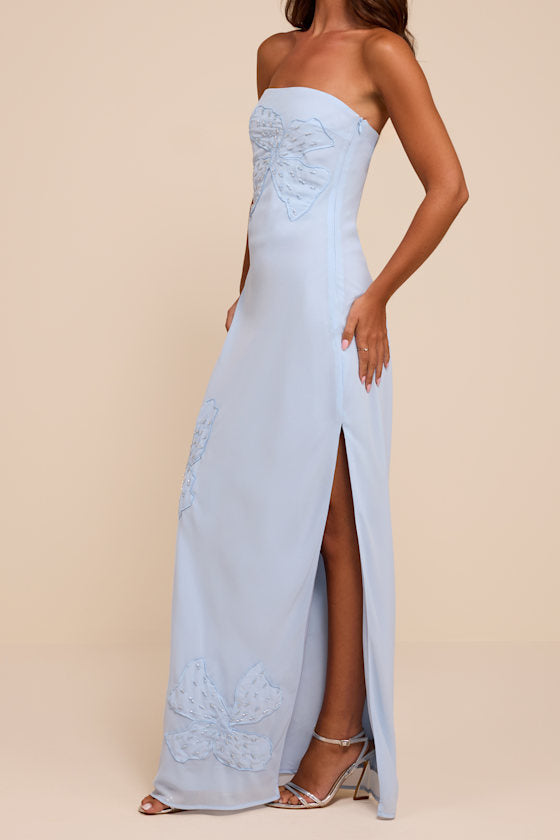 Fianna Light Blue Embroidered Strapless Maxi Dress