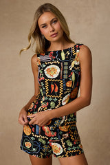 Ciao Bella Black Multi Convo Print Boat Neck Top