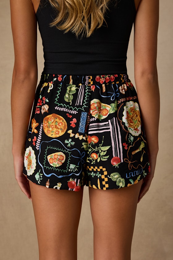 Ciao Bella Black Multi Convo Print Mid-Rise Shorts