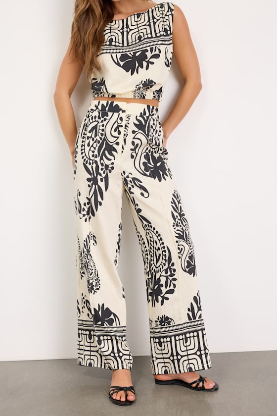 Gaia Ivory and Black Boho Print Wide-Leg Pants