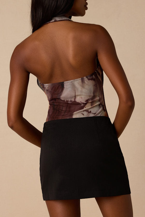 Dionne Brown Multi Abstract Mesh Cowl Bodysuit