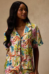Talise Ivory Multi Tropical Print Tie-Front Collared Top