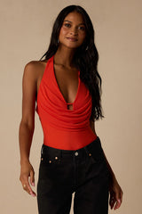 Dionne Bright Red Mesh Cowl Bodysuit