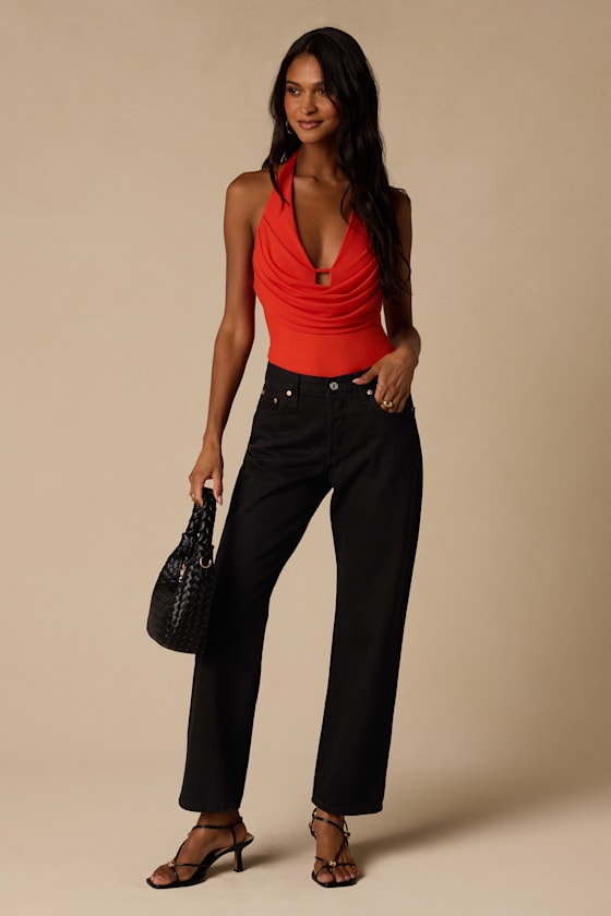 Dionne Bright Red Mesh Cowl Bodysuit