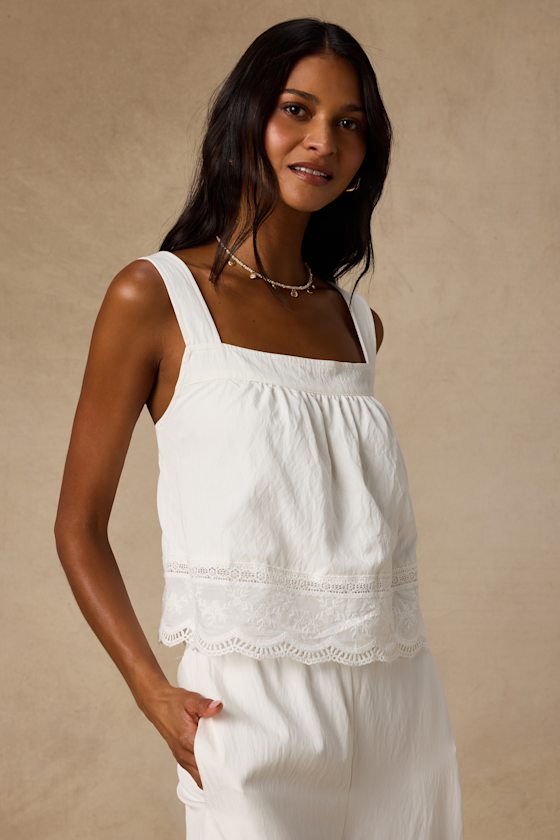 Parisa White Cotton Crochet Lace Tank Top