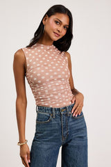 Kinsley Beige Polka Dot Mesh Mock Neck Tank Top