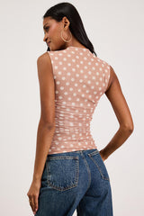 Kinsley Beige Polka Dot Mesh Mock Neck Tank Top