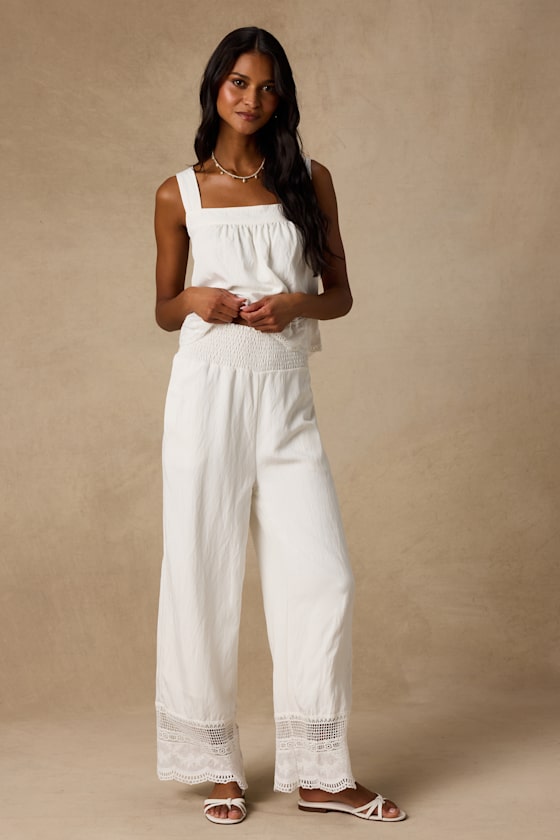 Parisa White Cotton Crochet Lace Wide-Leg Pants