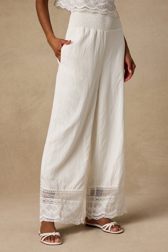 Parisa White Cotton Crochet Lace Wide-Leg Pants