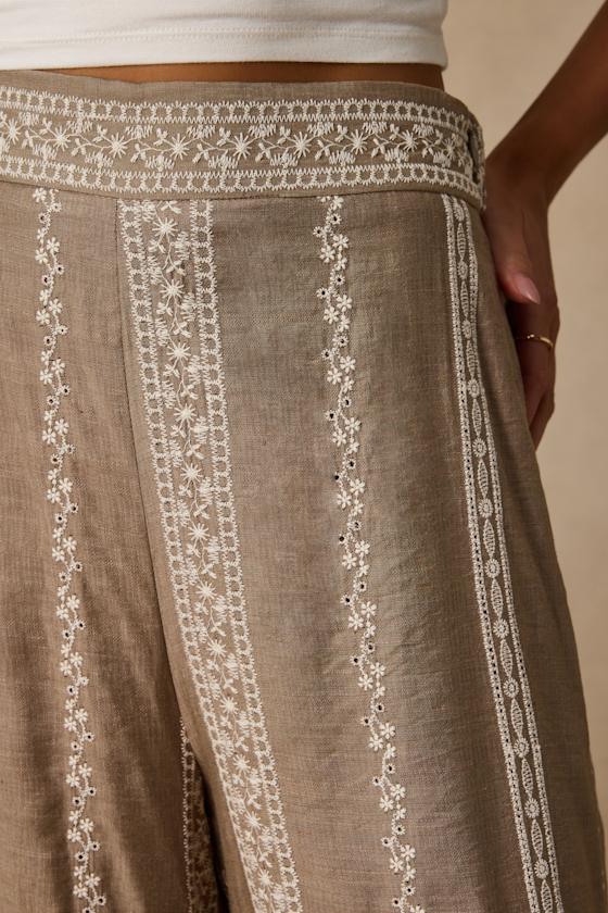 Tasia Taupe Embroidered Wide-Leg Pants