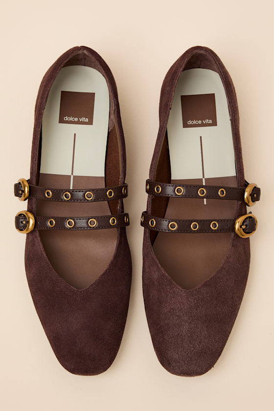 Ardene Mahogany Suede Leather Buckle Ballet Flats