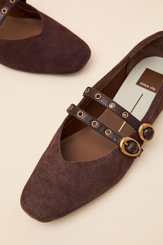 Ardene Mahogany Suede Leather Buckle Ballet Flats