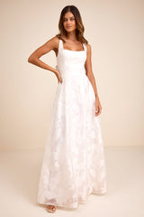 Perfected Aura White Jacquard Tie-Back Maxi Dress with Pockets