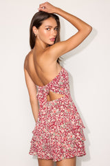 Suvi Red Floral Strapless Tiered Asymmetrical Mini Dress