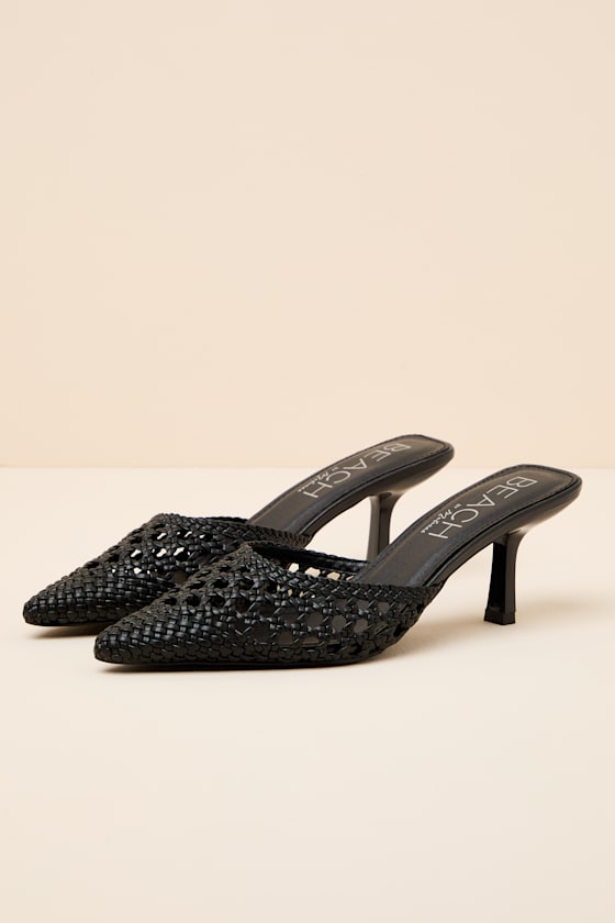 Tia Black Woven Pointed-Toe Mule Pumps