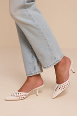 Tia White Woven Pointed-Toe Mule Pumps