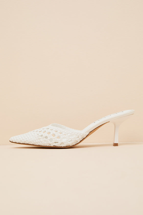 Tia White Woven Pointed-Toe Mule Pumps