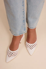 Tia White Woven Pointed-Toe Mule Pumps