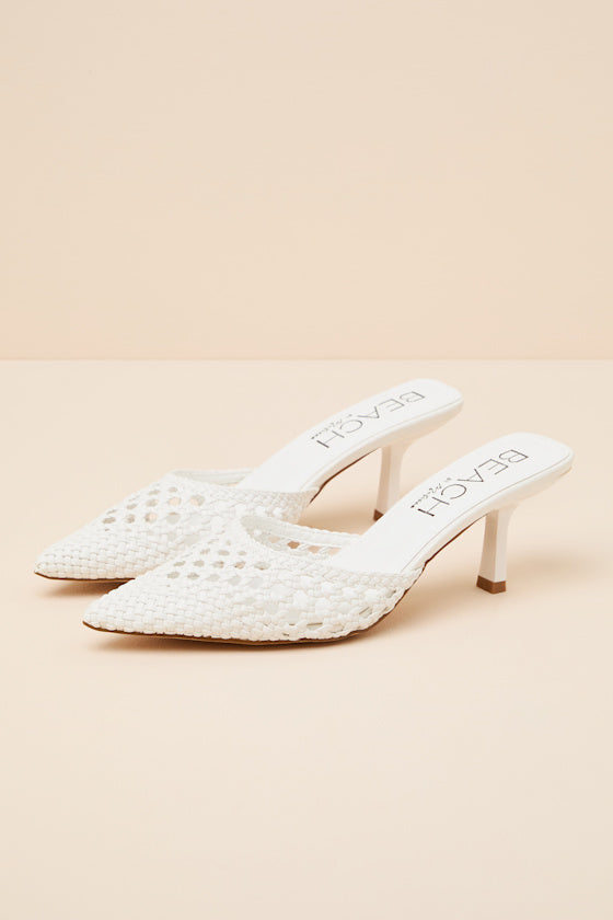 Tia White Woven Pointed-Toe Mule Pumps