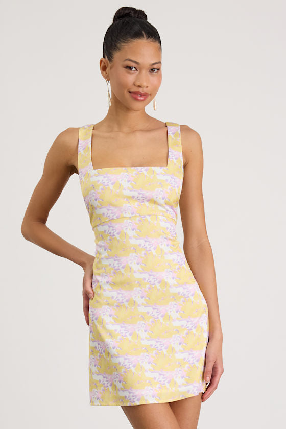 Truly the Cutest White Multi Satin Square Neck Mini Dress