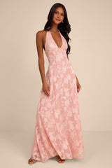 Maira Blush Pink Floral Burnout Halter Maxi Dress