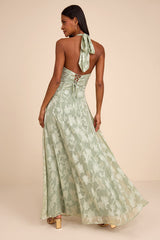 Maira Sage Floral Burnout Halter Maxi Dress