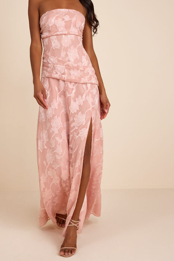 Joelle Blush Pink Floral Burnout Drop Waist Maxi Dress
