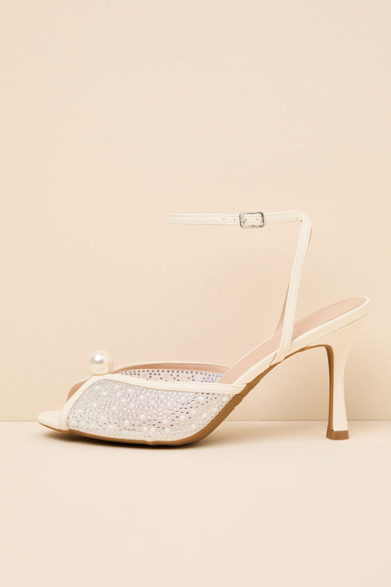 Pixie Ivory Rhinestone Ankle Strap Peep-Toe Heels