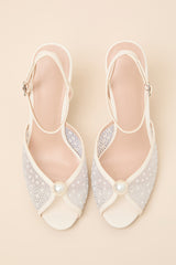 Pixie Ivory Rhinestone Ankle Strap Peep-Toe Heels