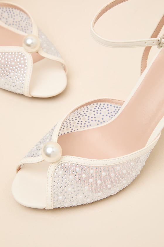 Pixie Ivory Rhinestone Ankle Strap Peep-Toe Heels