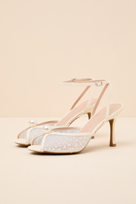 Pixie Ivory Rhinestone Ankle Strap Peep-Toe Heels