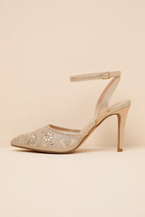Fierria Champagne Rhinestone Pointed-Toe Ankle Strap Pumps