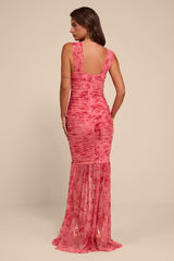 Jamie Pink Floral Mesh Sheer Hem Maxi Dress