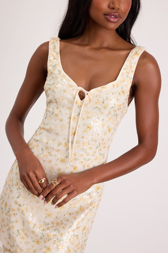 Adelina Yellow Floral Sequin Mini Dress