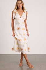 Malta White Multi Print Tie-Strap Midi Dress