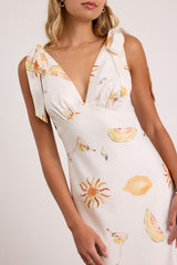 Malta White Multi Print Tie-Strap Midi Dress